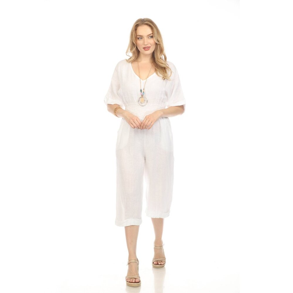 White Half Sleeves Elastic Waist Jumpsuit